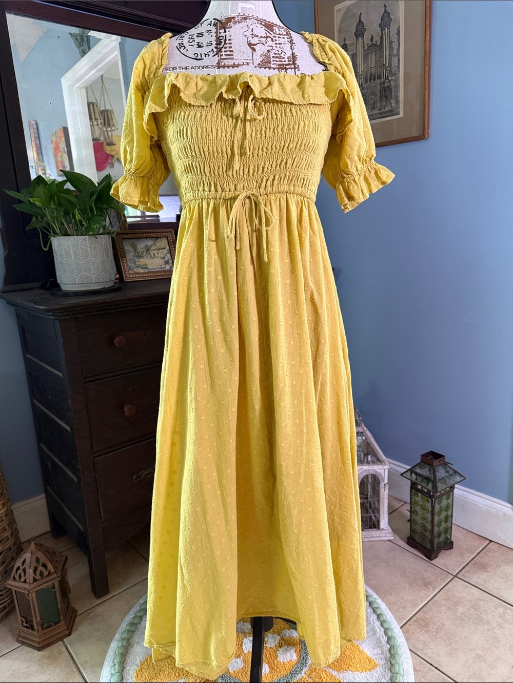 R. Yiposha Yellow Chartreuse Swiss Dot Smocked Puff Sleeve Off Shoulder Dress - Picture 13 of 13